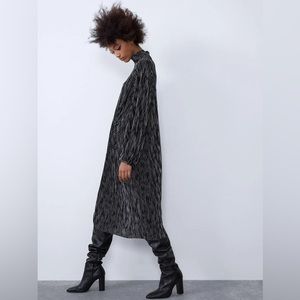 Zara Black and Silver Midi Striped High Collar Long Sleeve Dress
